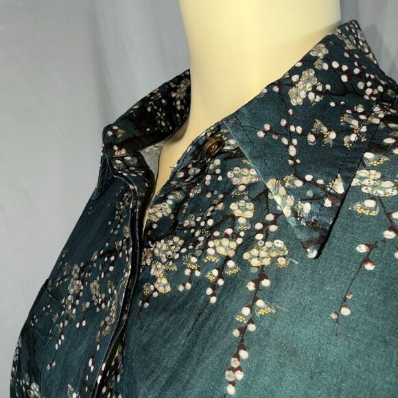 Peruvian Connection Silk Cotton Voile Button Down Shirt L Blue Floral Branch Pri - Picture 10 of 13